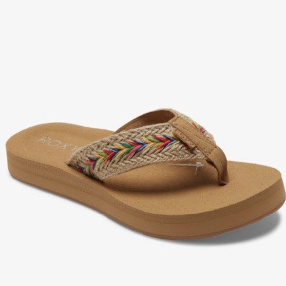 Roxy Shoes - ROXY Rosarito Flip Flops Tan with braided rainbow detail